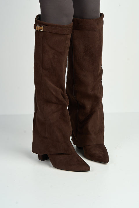 Ayma Knee High Block Heel Gold Trim Buckle Collar Boot In Chocolate by Miss Diva