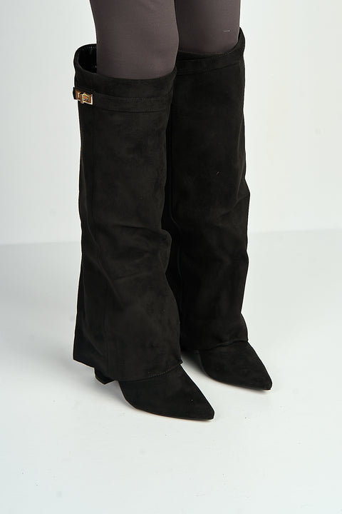 Ayma Knee High Block Heel Gold Trim Buckle Collar Boot In Black Suede by Miss Diva