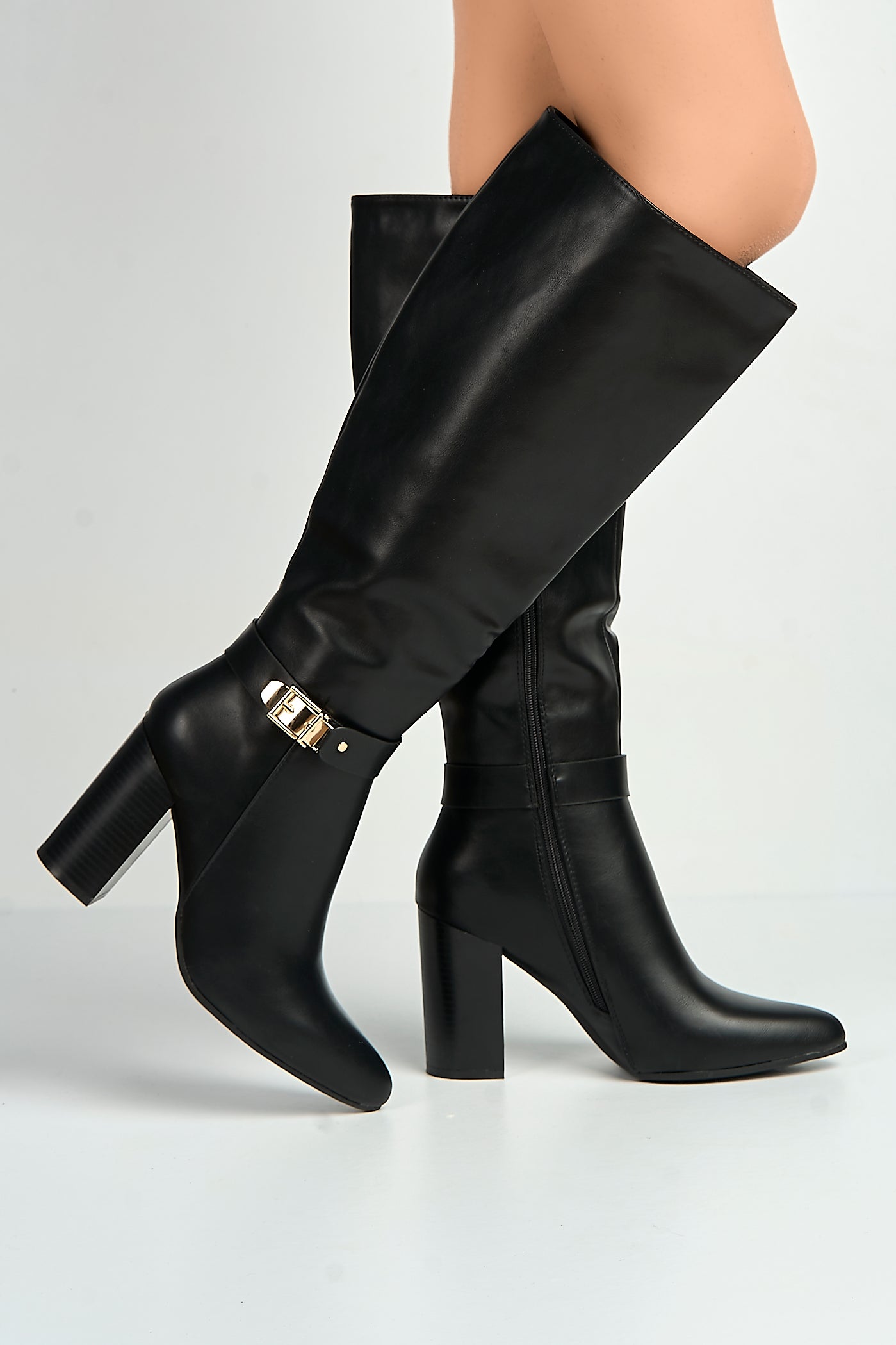 Emilia Gold Buckle Block Heel Knee High Boots In Black MARS60-BLKMT