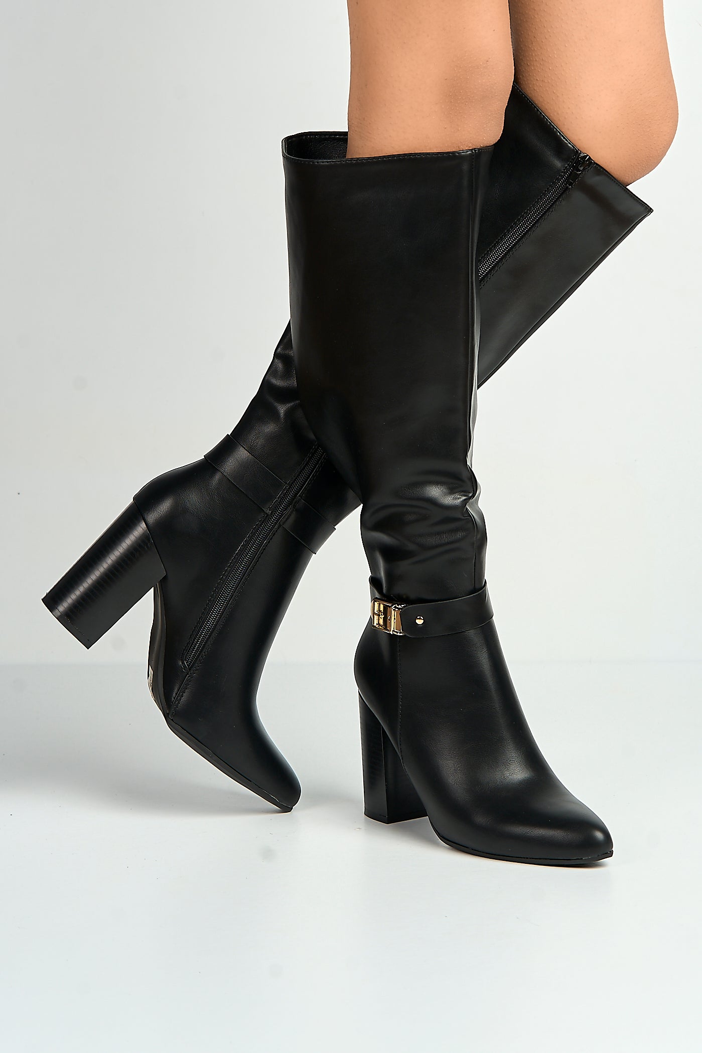 Emilia Gold Buckle Block Heel Knee High Boots In Black MARS60-BLKMT