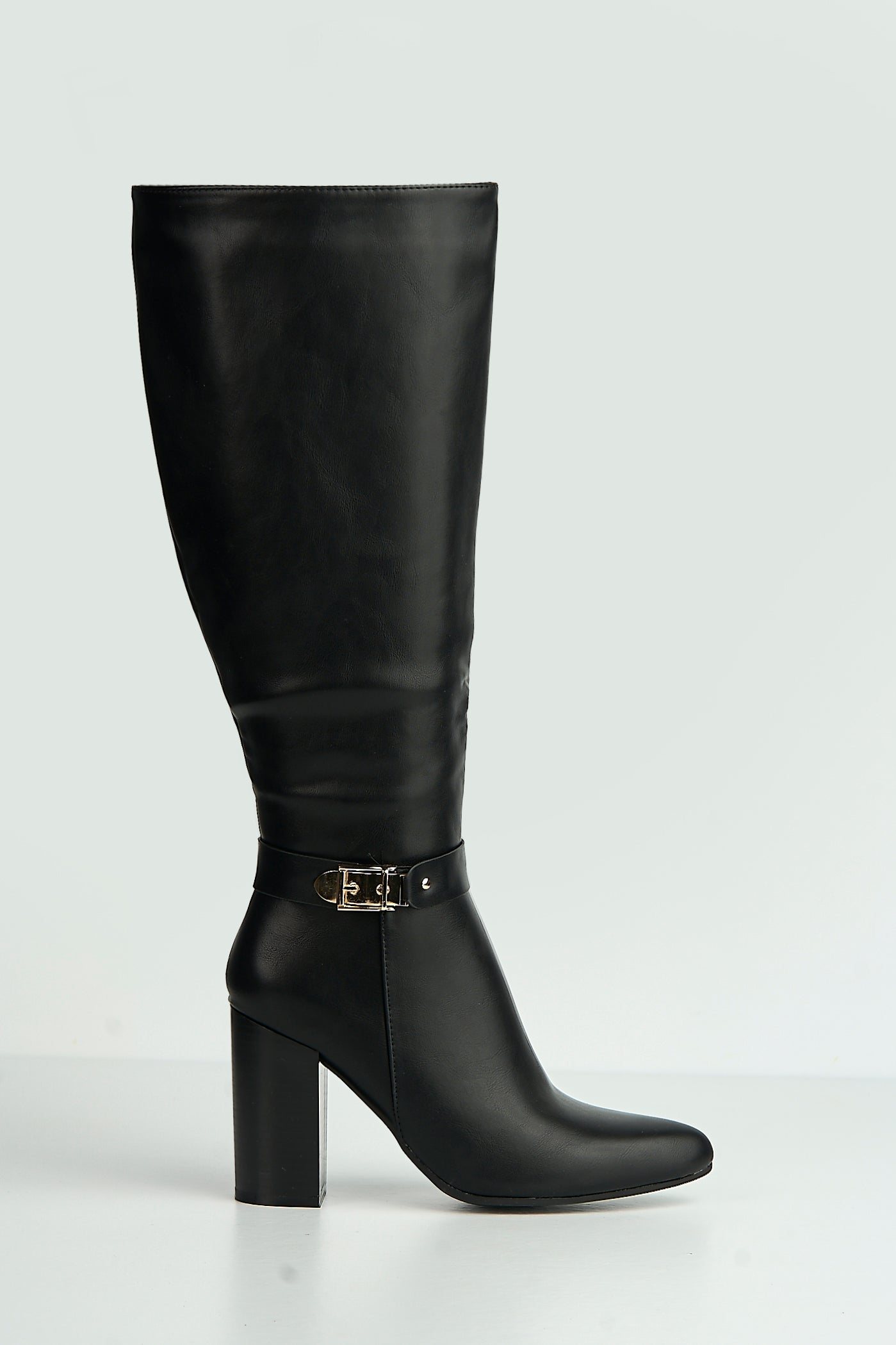 Emilia Gold Buckle Block Heel Knee High Boots In Black MARS60-BLKMT