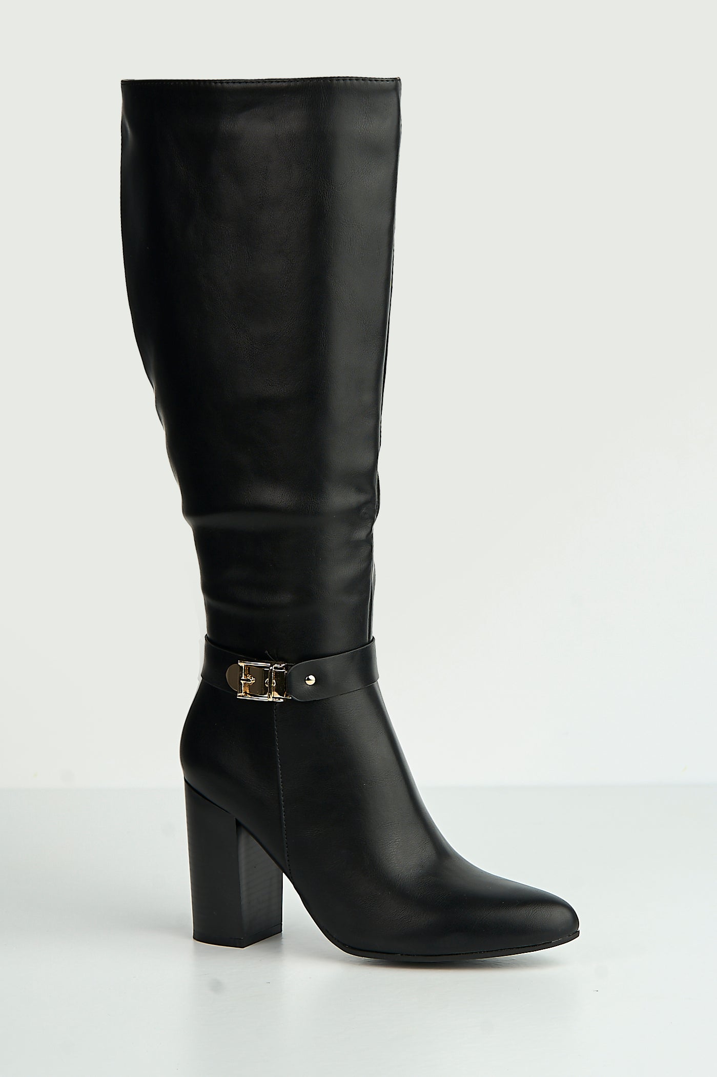 Emilia Gold Buckle Block Heel Knee High Boots In Black MARS60-BLKMT