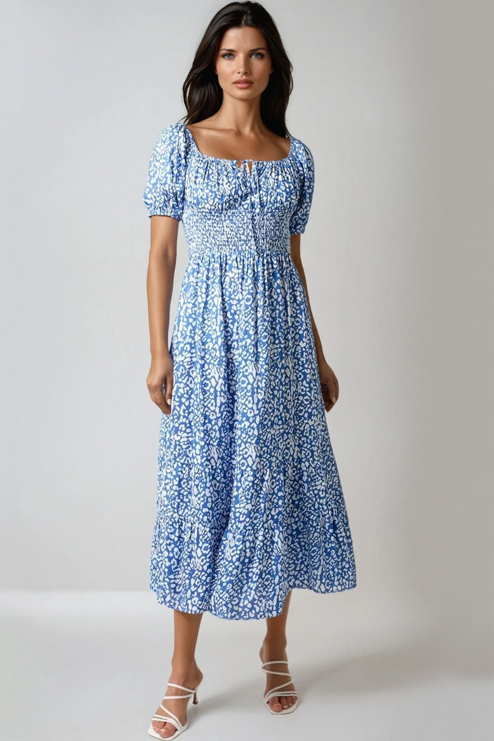 Blue Animal Print Shirred Midi Dress NALL257860002