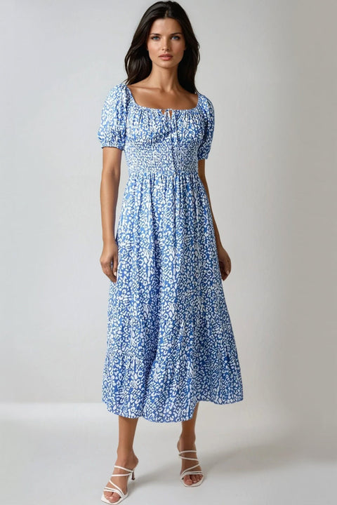 Blue Animal Print Shirred Midi Dress by Aftershock London