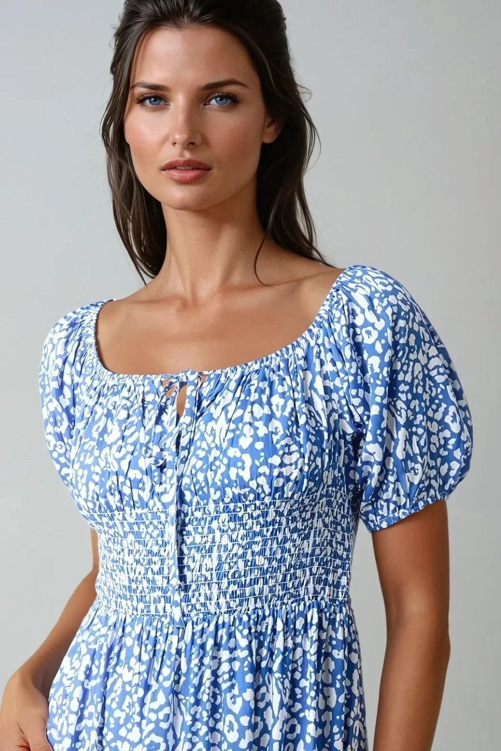 Blue Animal Print Shirred Midi Dress NALL257860002