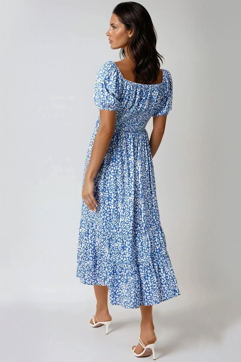 Blue Animal Print Shirred Midi Dress NALL257860002