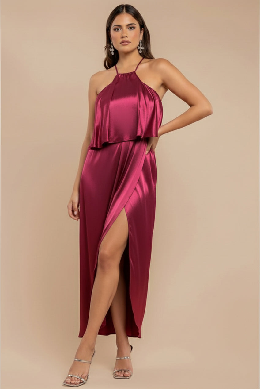 Satin Viscose Front Wrap Midaxi Dress - Burgundy DR4002