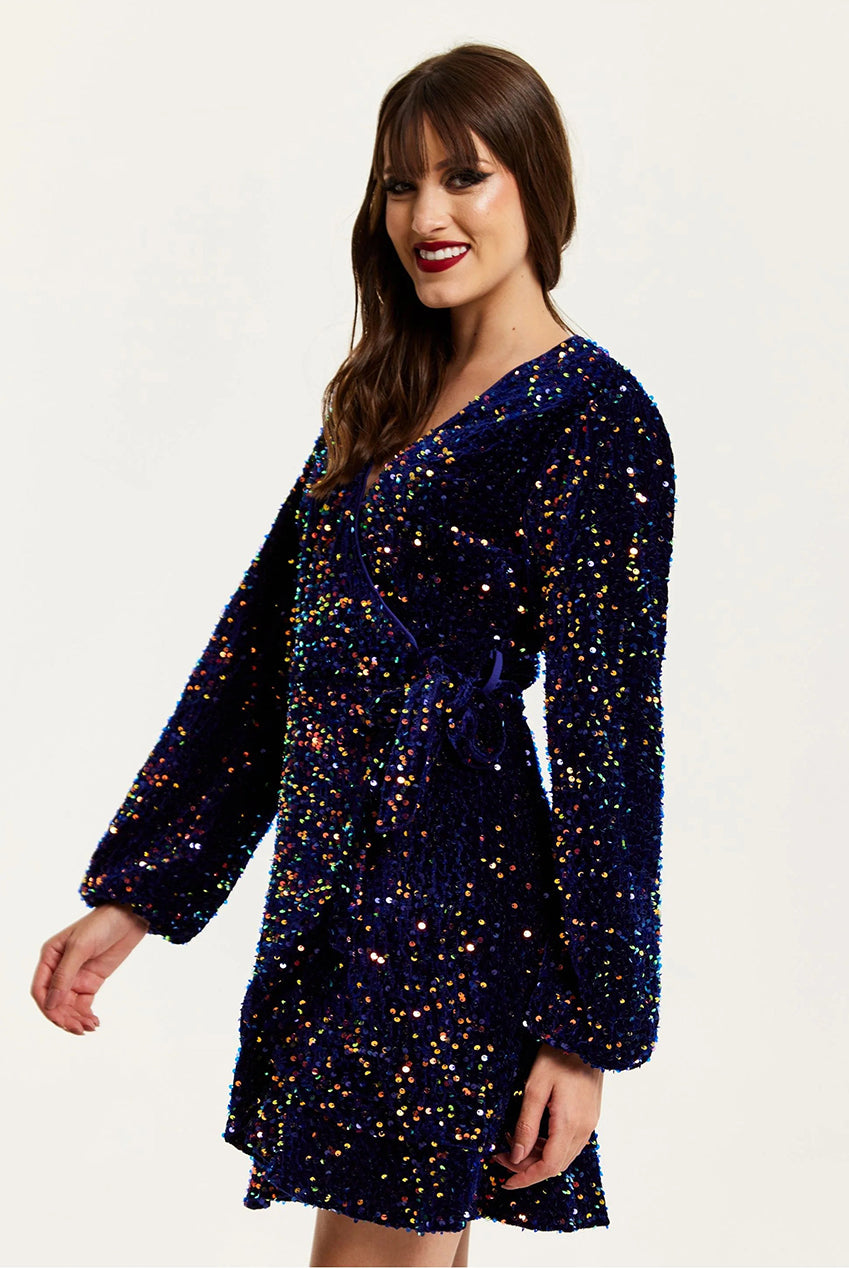 Royal Blue Velvet Based Multicolour Sequin Mini Wrap Dress E0-LIQ23AW013MC