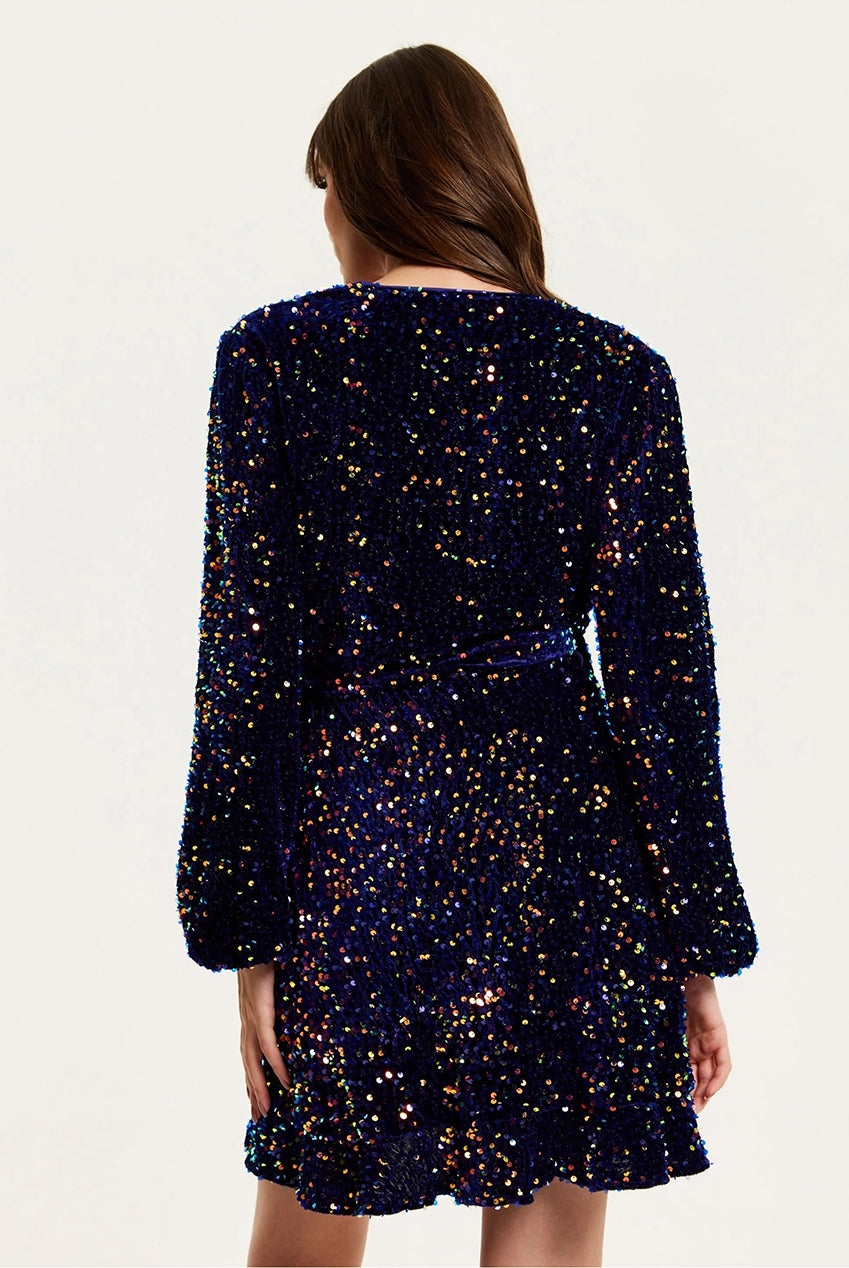 Royal Blue Velvet Based Multicolour Sequin Mini Wrap Dress E0-LIQ23AW013MC