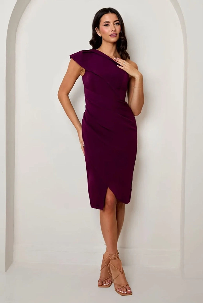 One Shoulder Wrap Detail Midi Dress In Purple EM1876PUR