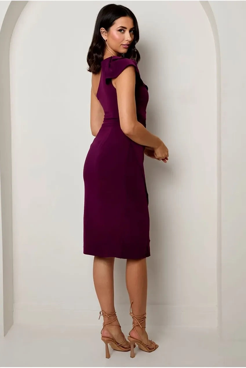 One Shoulder Wrap Detail Midi Dress In Purple EM1876PUR