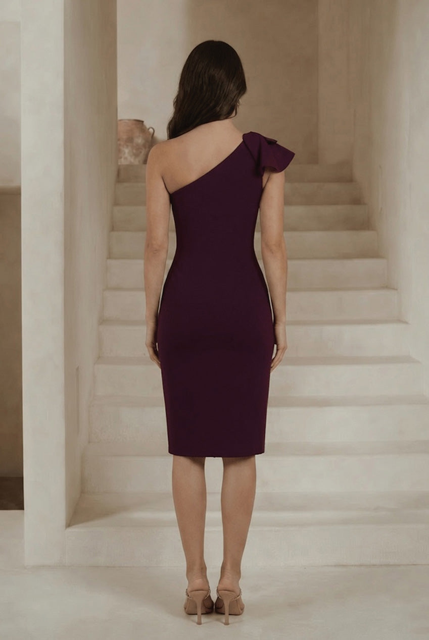 One Shoulder Wrap Detail Midi Dress In Purple EM1876PUR