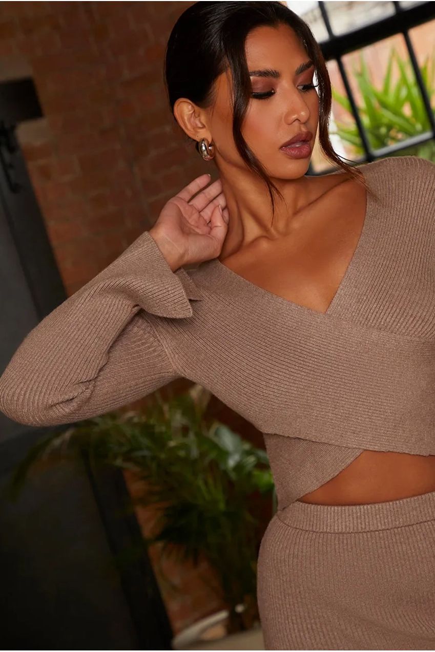 Flute Sleeve Wrap Detail Rib Knit Top In Mocha EM22204MC