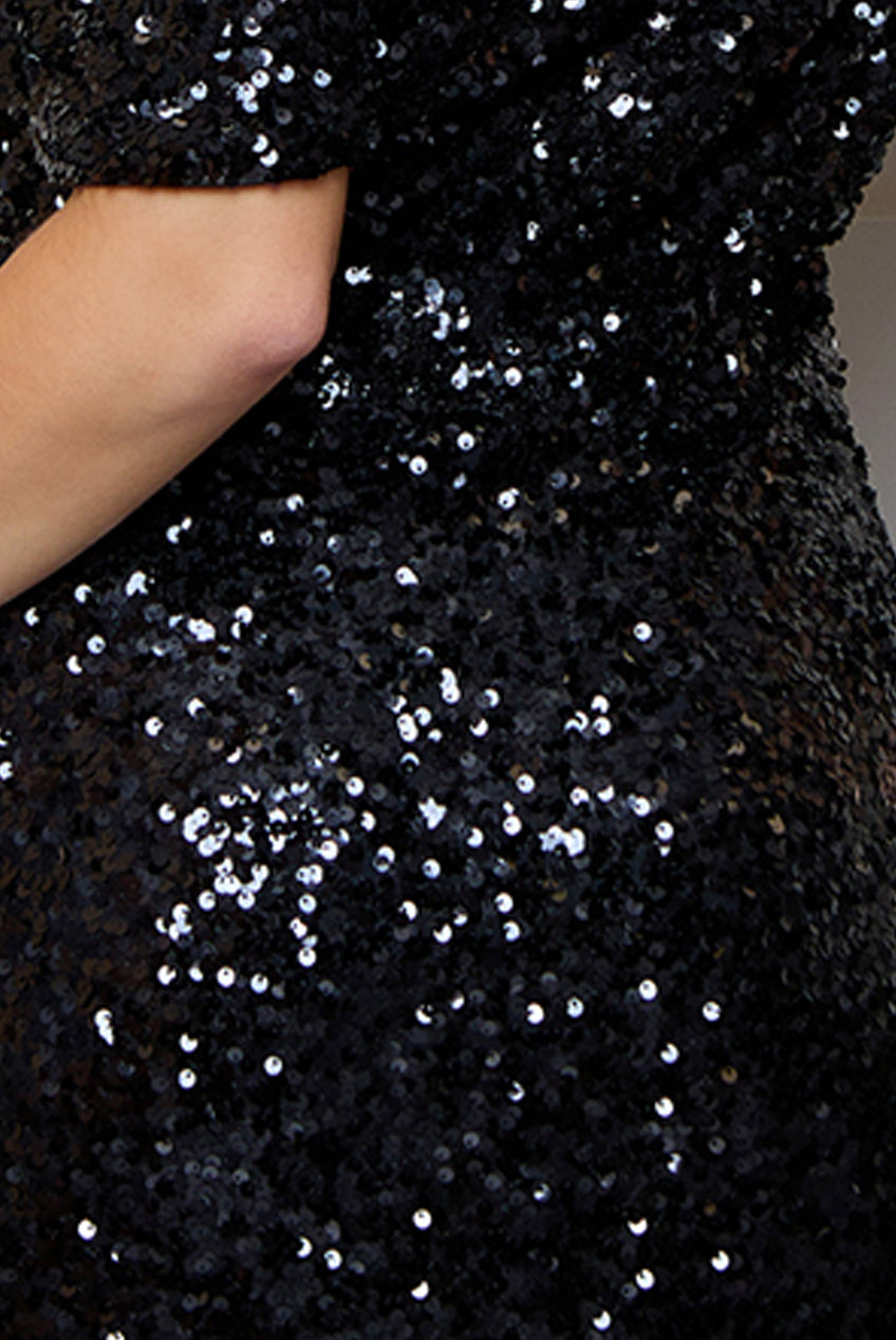 One Shoulder Ruched Sequin Midi Dress In Black EM230226BK