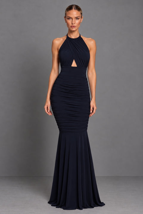 Erin Navy Halter Neck Backless Maxi Dress by Honor Gold