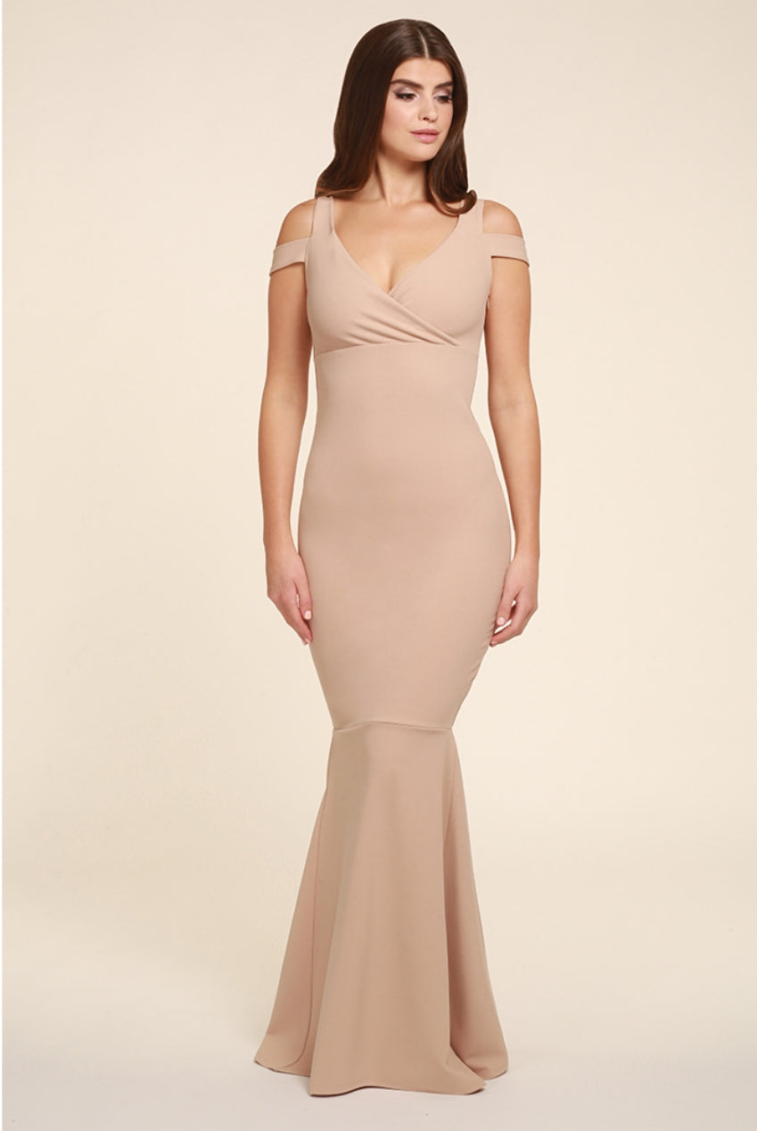 Evie Beige Cold Shoulder Fishtail Maxi Dress EVIE-BEIGE-DRESS