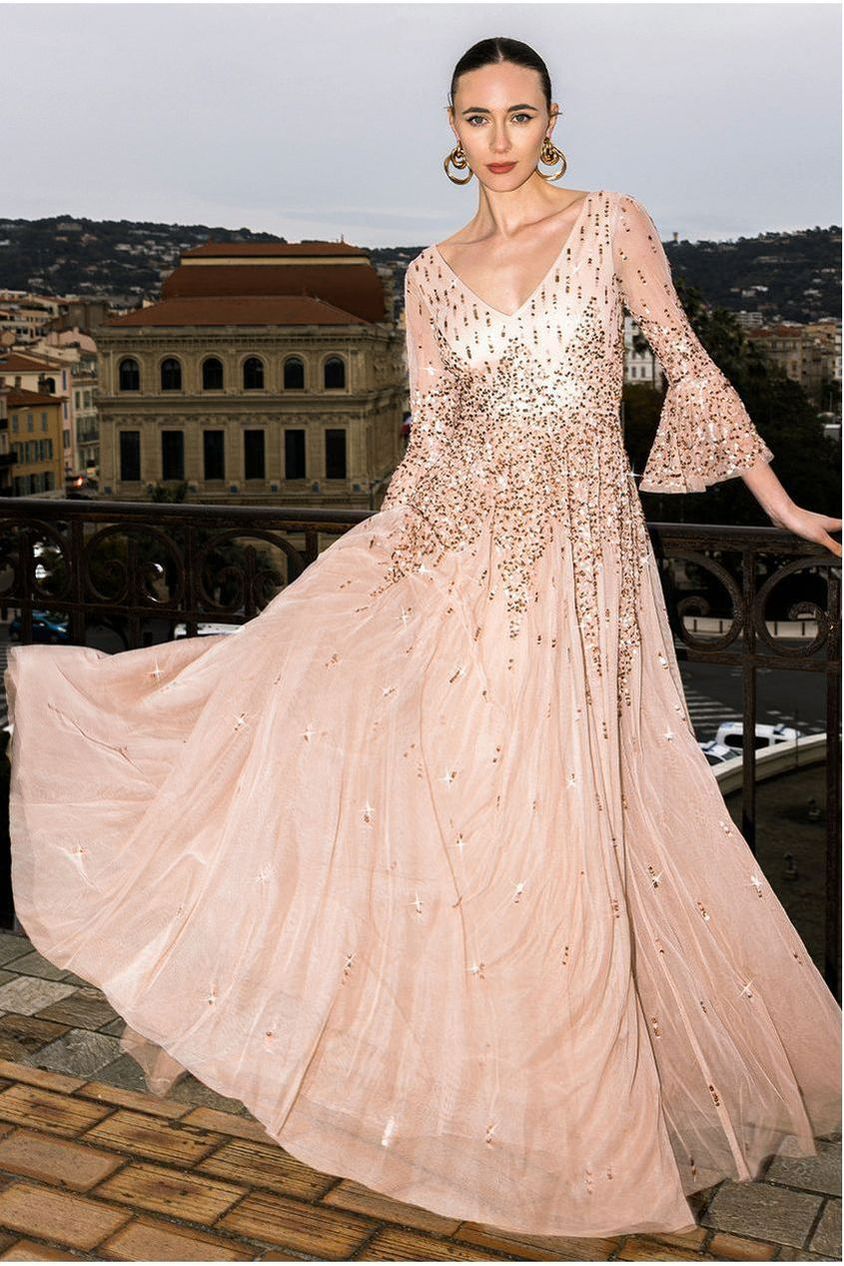 Sunray Hand Embellished Sequin A-Line Bell Sleeve Maxi Dress - Champagne DR4654