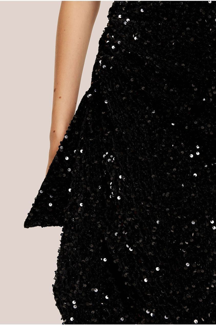 Black Sequin Velvet One Shoulder Midi Dress F0-LIQ23AW015