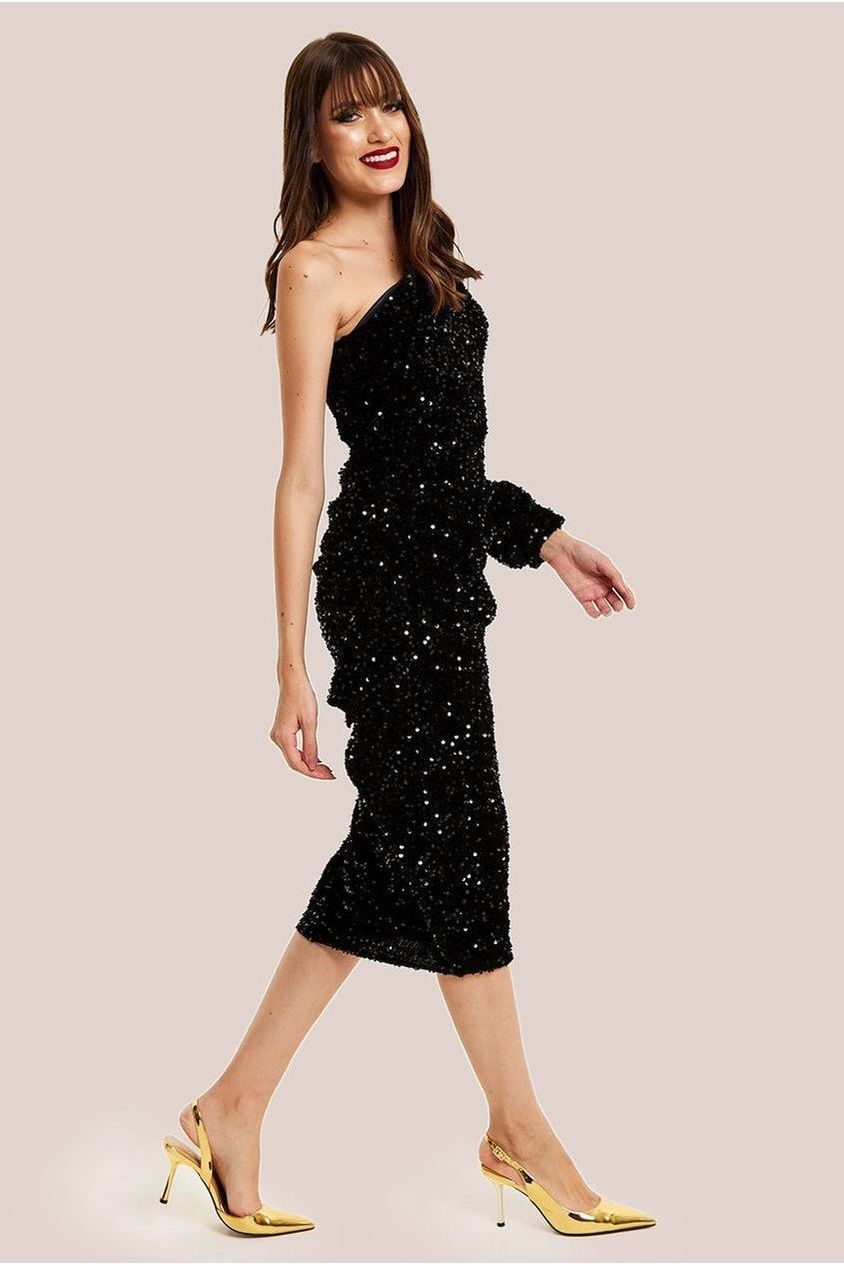 Black Sequin Velvet One Shoulder Midi Dress F0-LIQ23AW015