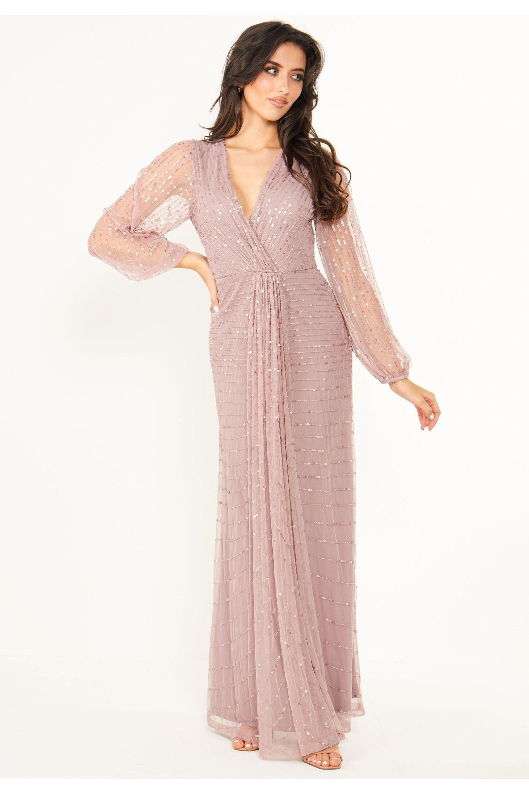 Embellished Long Mesh Sleeve Maxi Dress In Lavender F021583LVDF