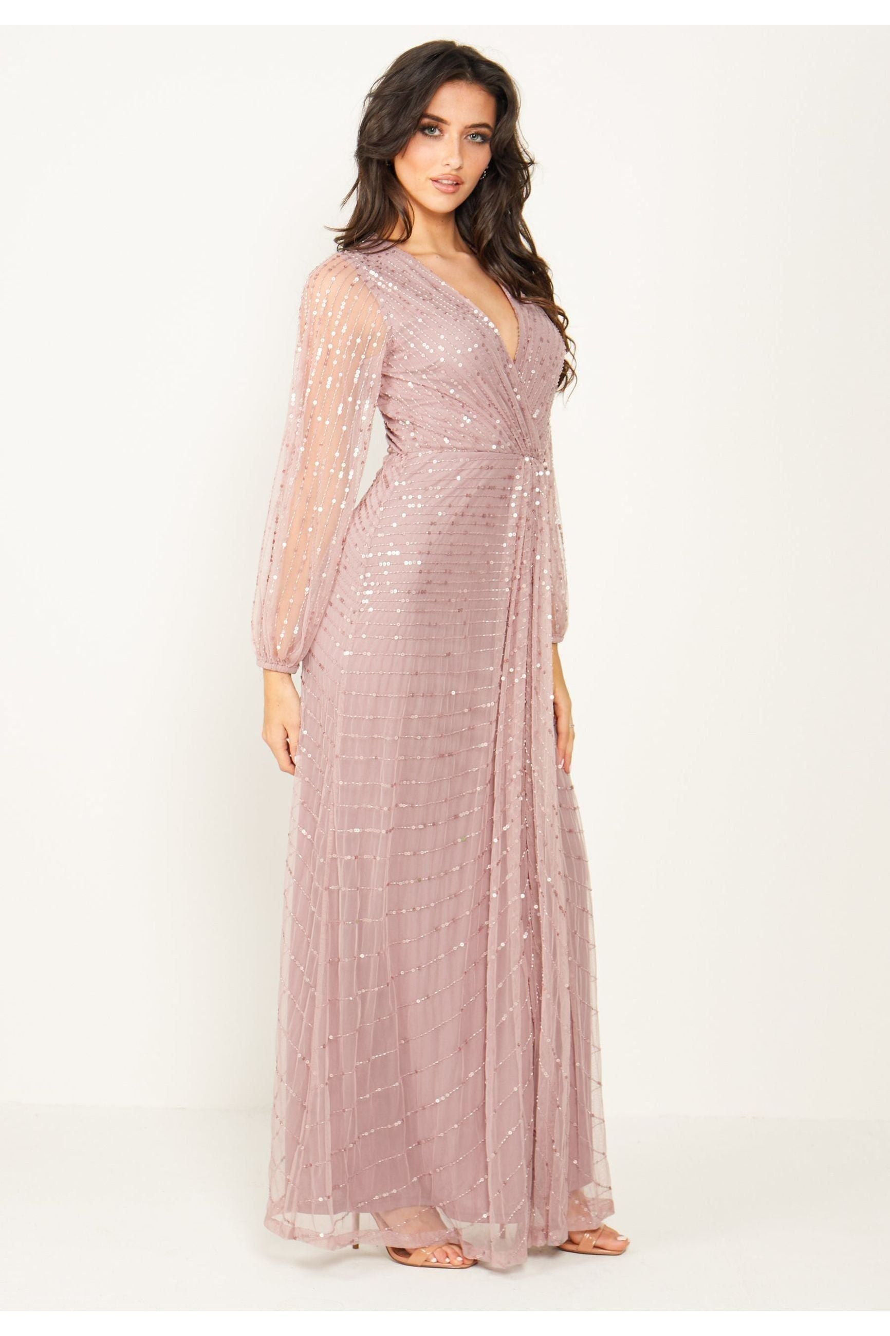 Embellished Long Mesh Sleeve Maxi Dress In Lavender F021583LVDF