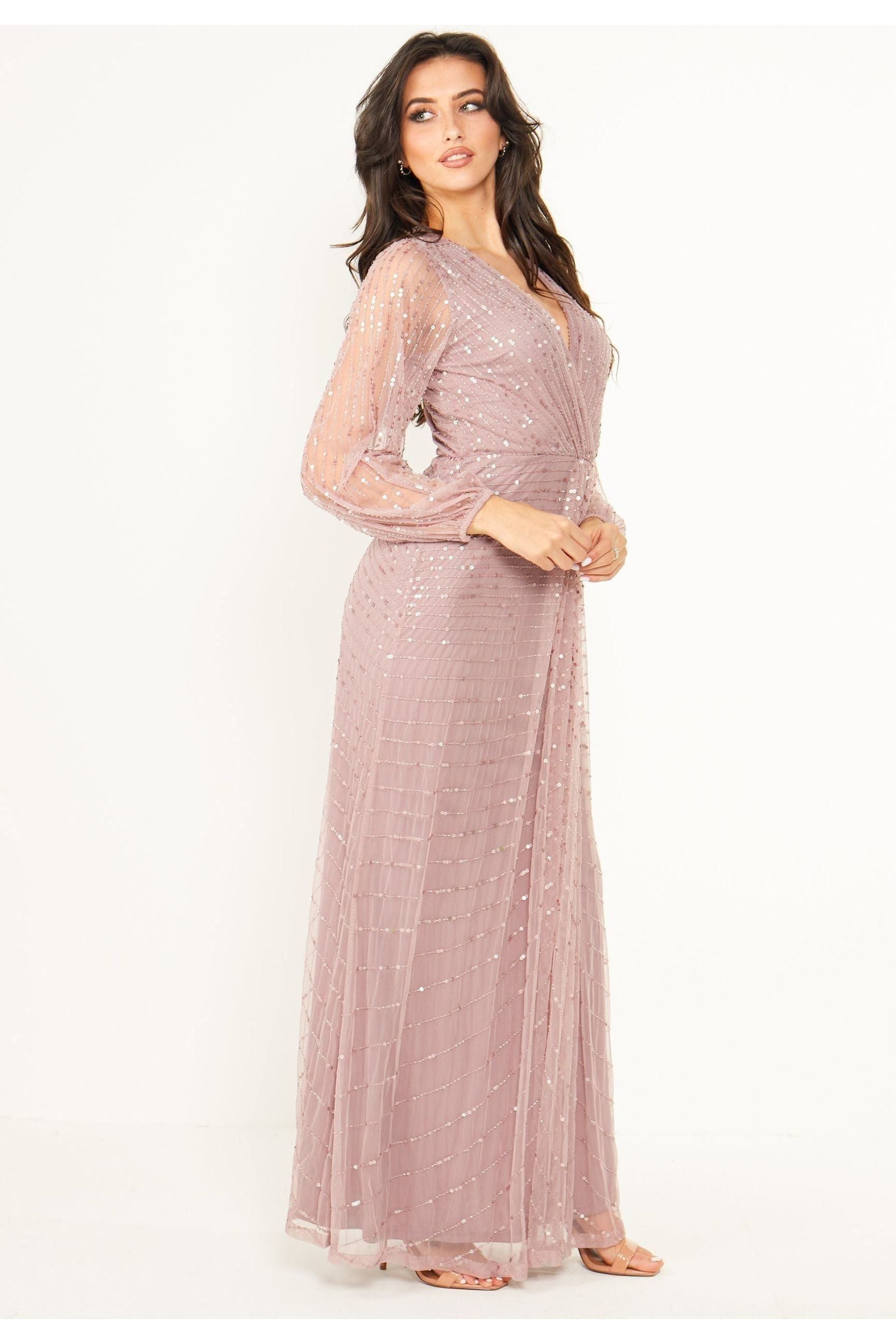 Embellished Long Mesh Sleeve Maxi Dress In Lavender F021583LVDF