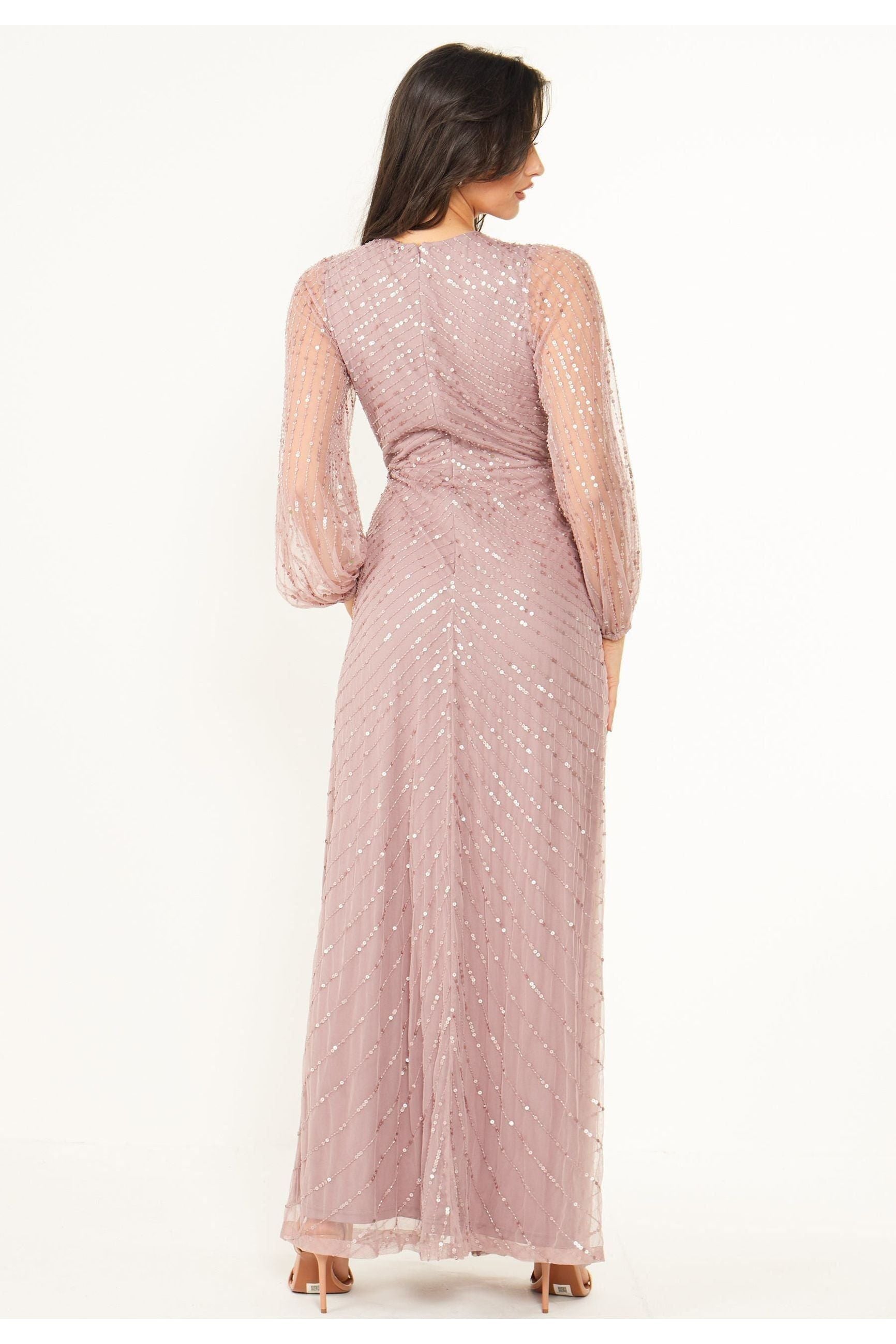 Embellished Long Mesh Sleeve Maxi Dress In Lavender F021583LVDF