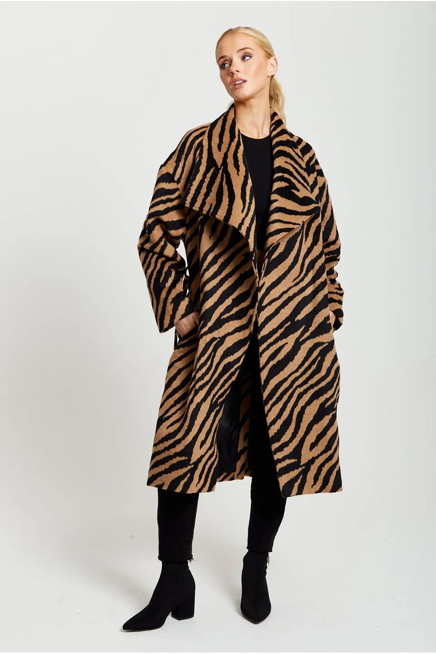 Zebra Print Longline Coat In Brown And Black F3-170-LIQ22AW047-B