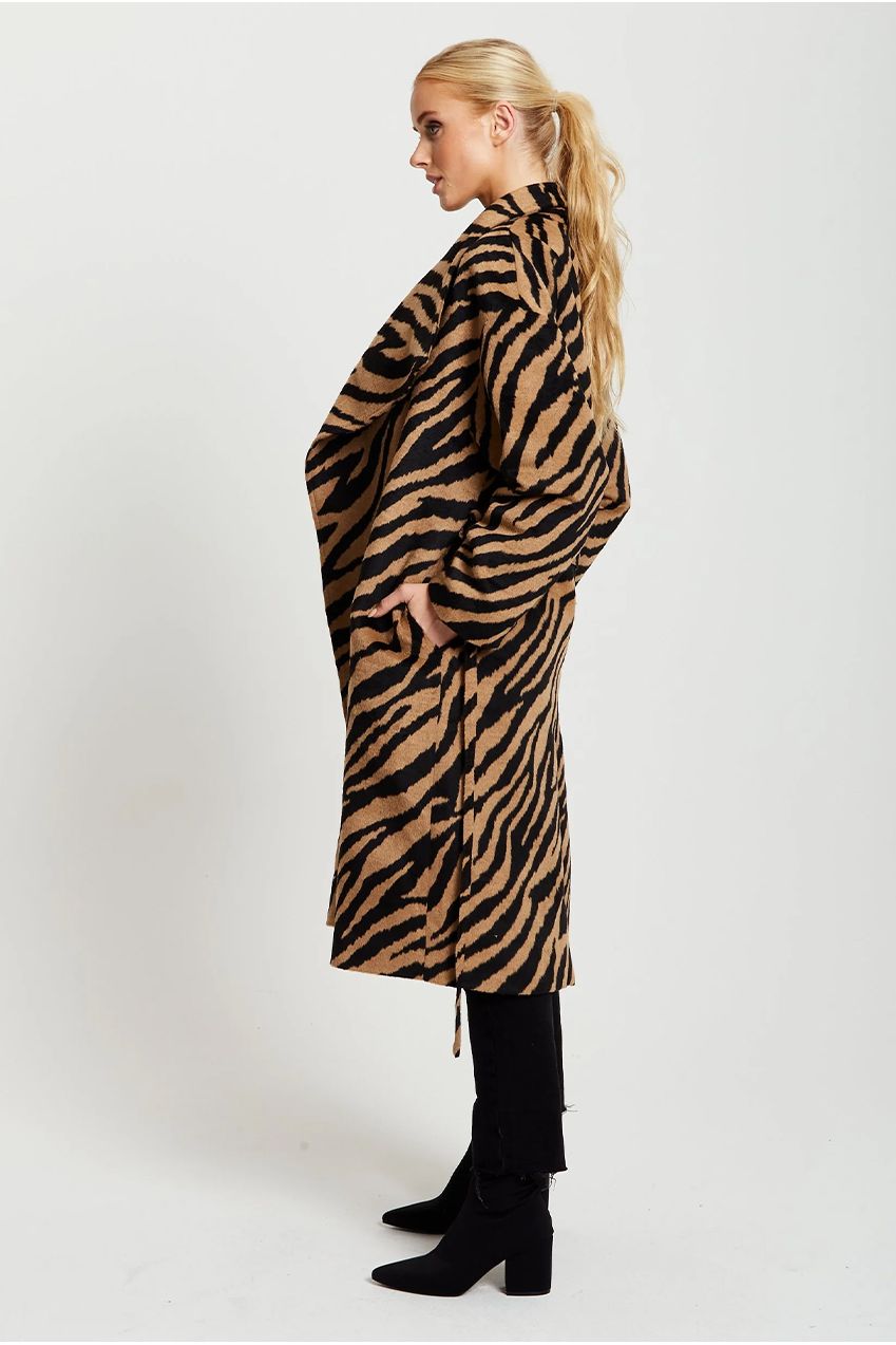 Zebra Print Longline Coat In Brown And Black F3-170-LIQ22AW047-B