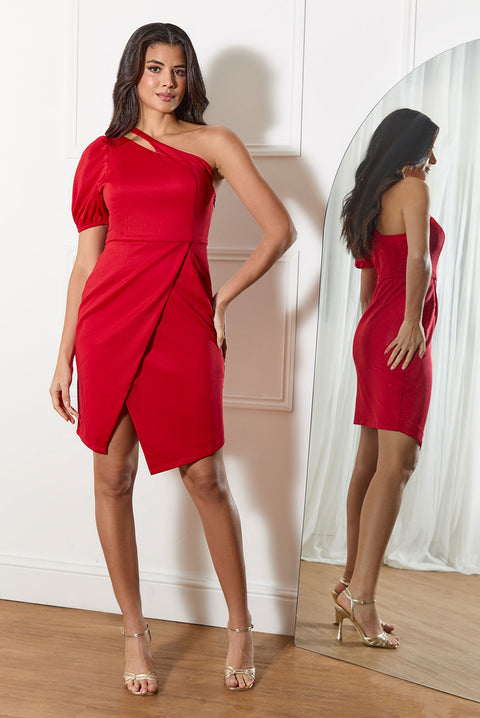One Shoulder Puff Sleeve Bodycon Mini Dress In Red by Chi Chi London