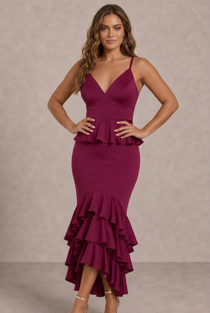 Cami Strap Ruffle Detail Bodycon Midi Dress In Berry FA050603BER
