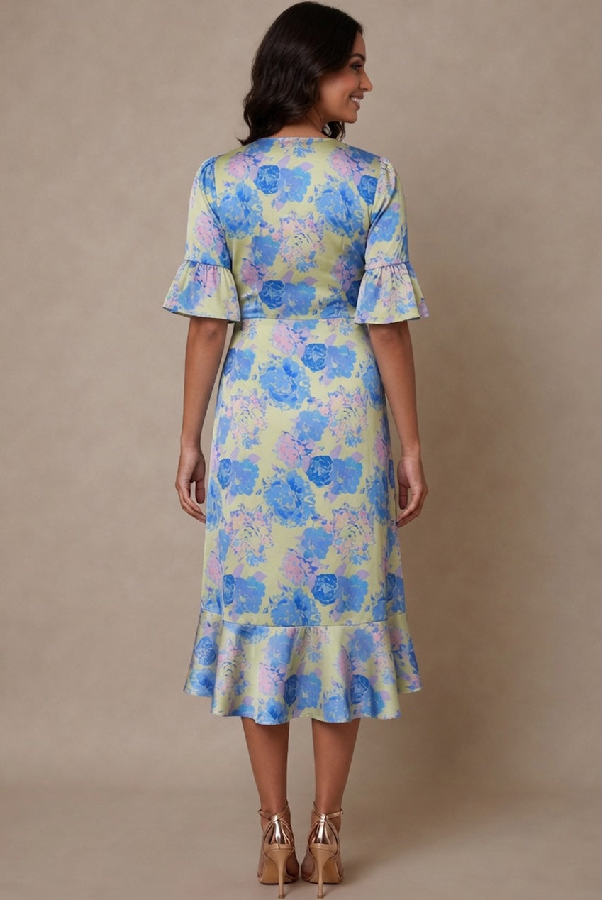 Short Sleeve Tie Front Floral Midi Dress In Yellow FA23103YEL