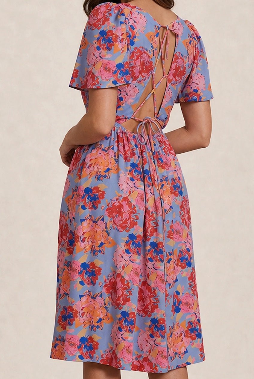 Square Neck Floral Midi Dress In Blue FA23107BL