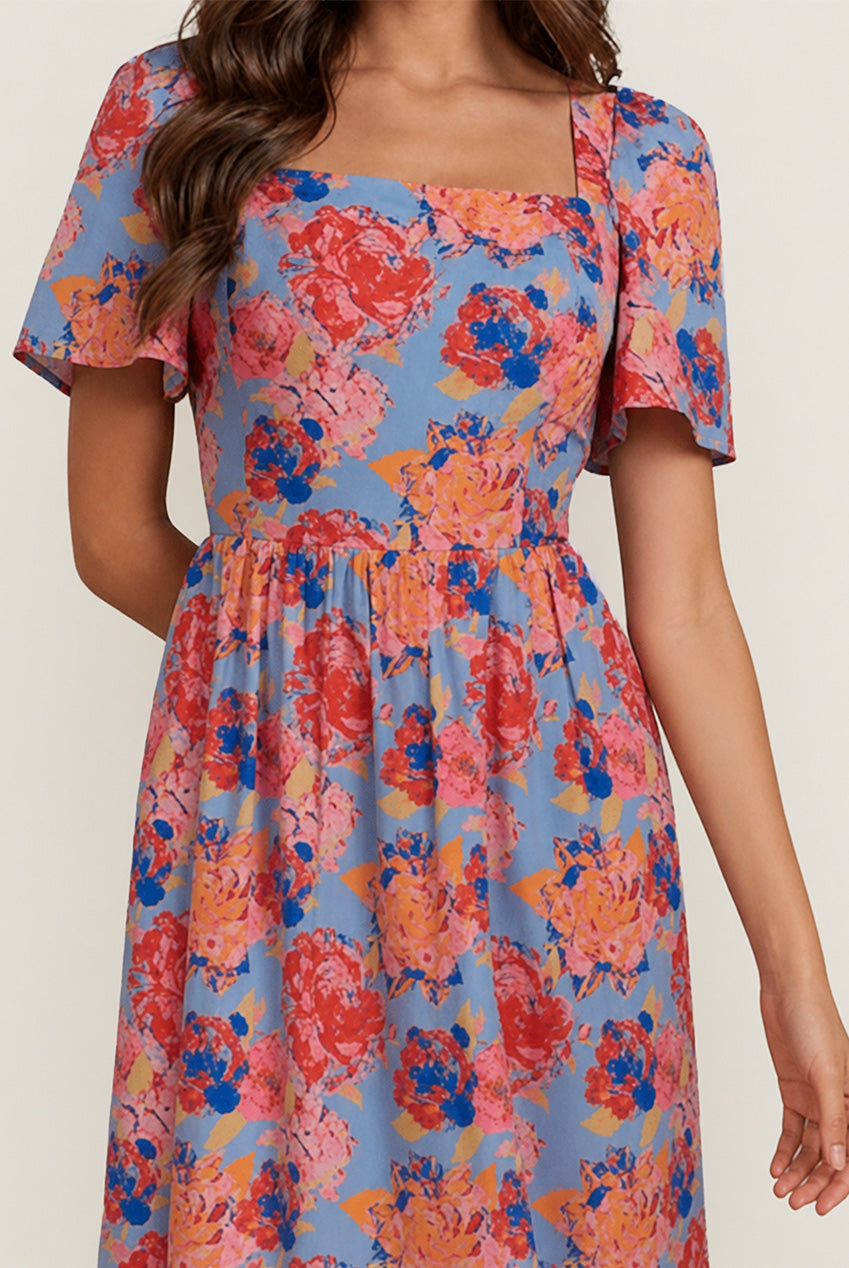 Square Neck Floral Midi Dress In Blue FA23107BL