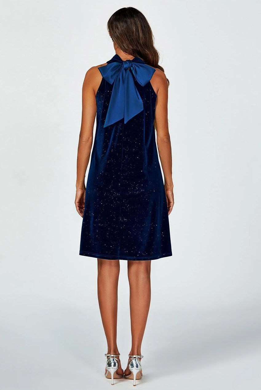 Silver Foil Velvet Halter Neck Tie Back Mini Dress In Navy FS455-VNS