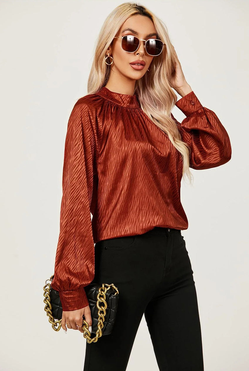 Halter Neck Satin Long Sleeve Blouse Top In Copper Red FS487