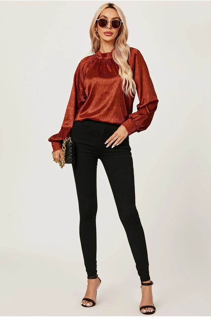 Halter Neck Satin Long Sleeve Blouse Top In Copper Red FS487