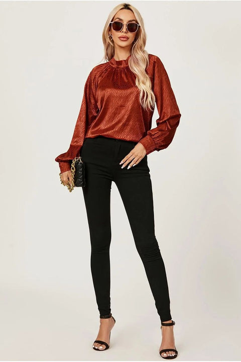 Halter Neck Satin Long Sleeve Blouse Top In Copper Red by FS Collection