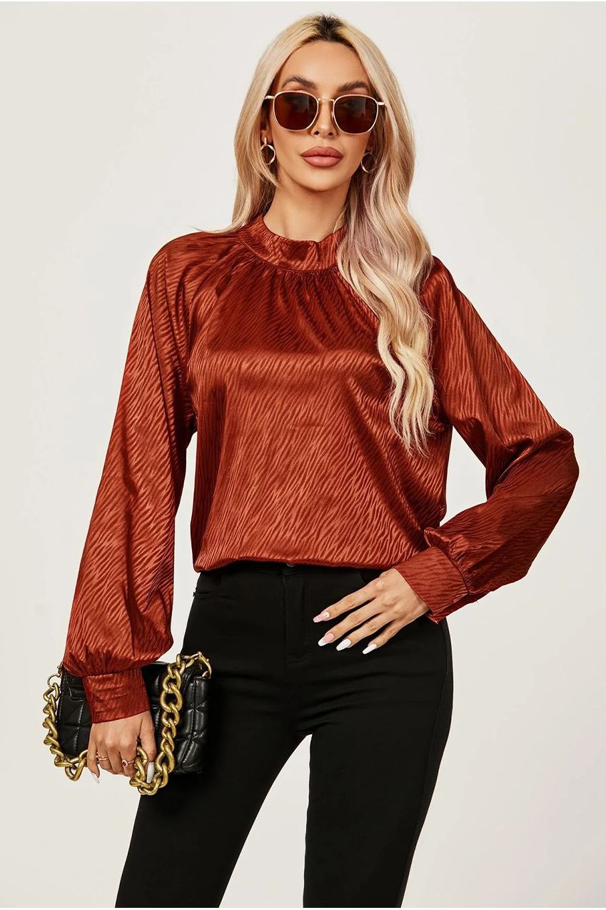 Halter Neck Satin Long Sleeve Blouse Top In Copper Red FS487