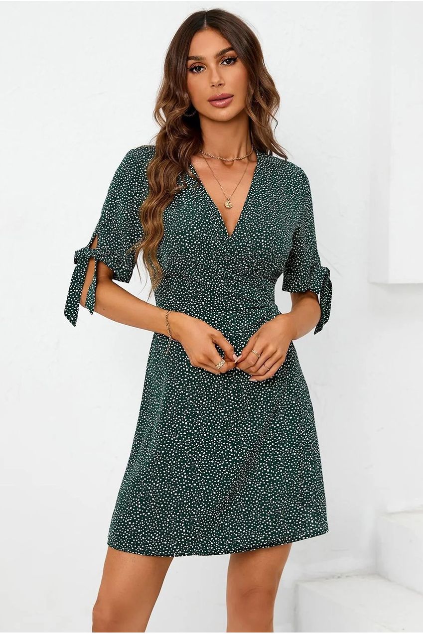 Dot Print Wrap Top Mini Dress In Green FS521-Green