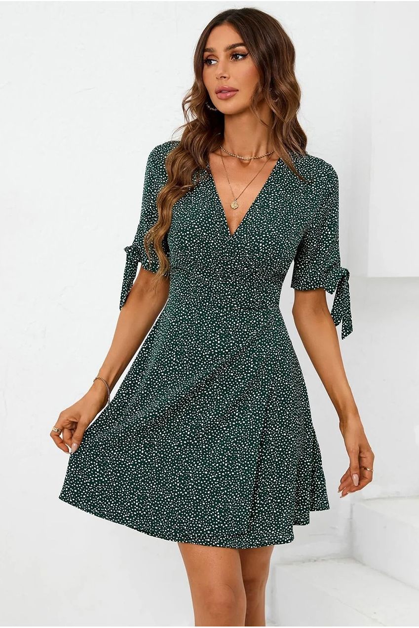 Dot Print Wrap Top Mini Dress In Green FS521-Green