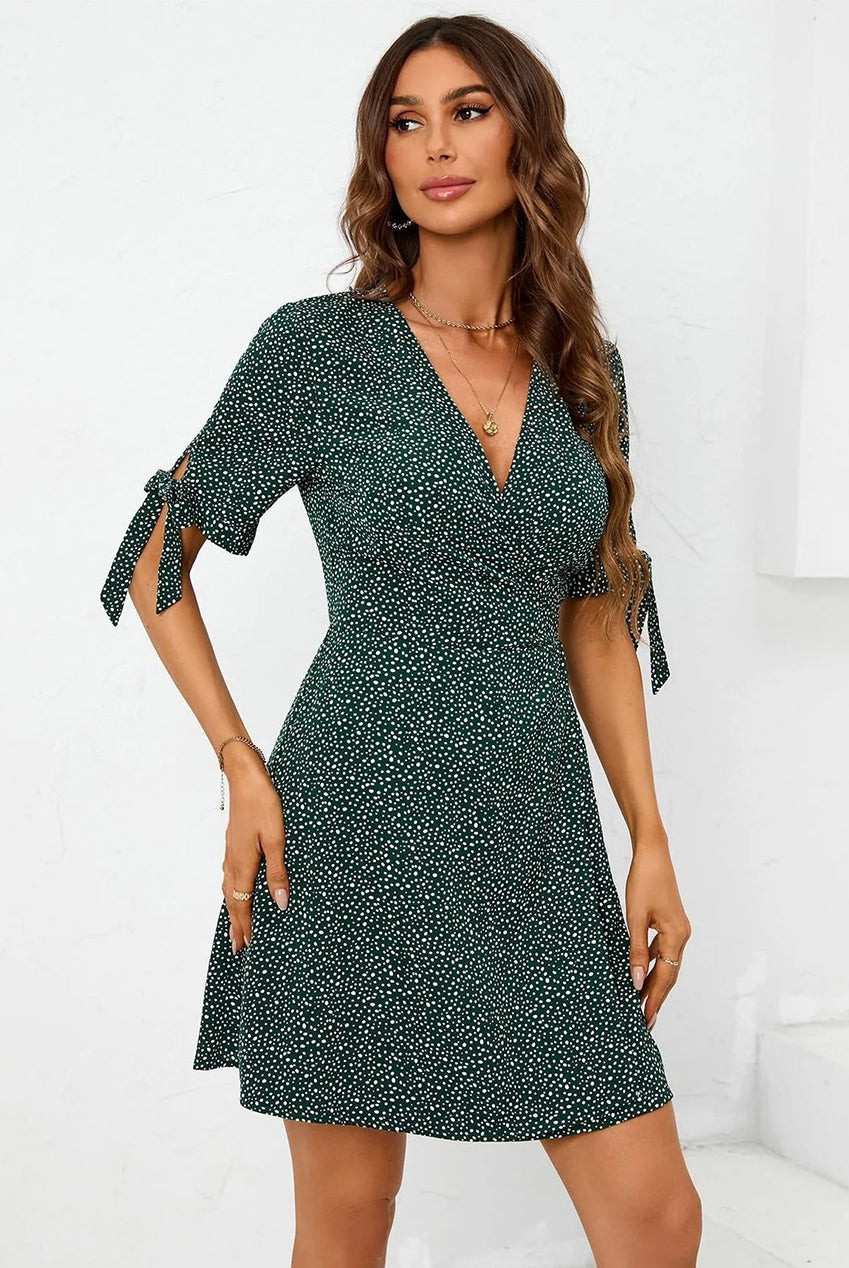 Dot Print Wrap Top Mini Dress In Green FS521-Green