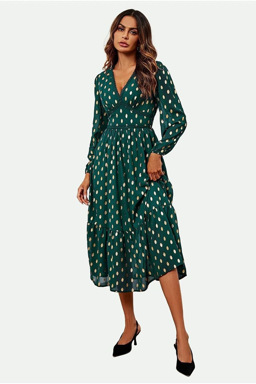 Lace Trim Foil Long Sleeve Maxi Dress In Green FS565-GG