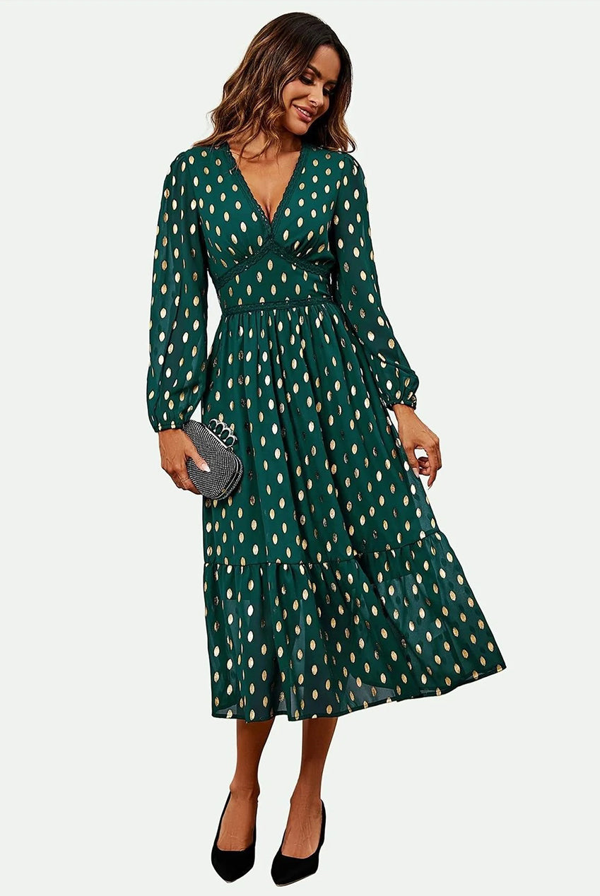 Lace Trim Foil Long Sleeve Maxi Dress In Green FS565-GG
