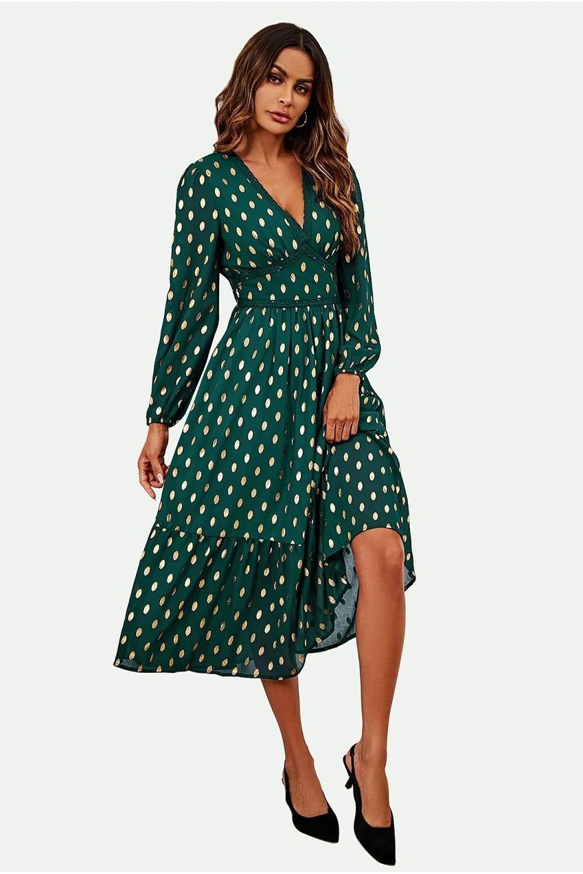 Lace Trim Foil Long Sleeve Maxi Dress In Green FS565-GG