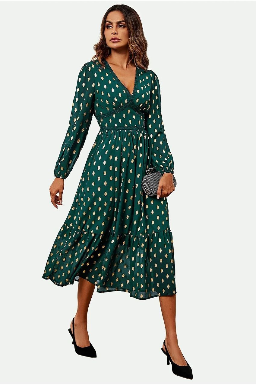 Lace Trim Foil Long Sleeve Maxi Dress In Green FS565-GG