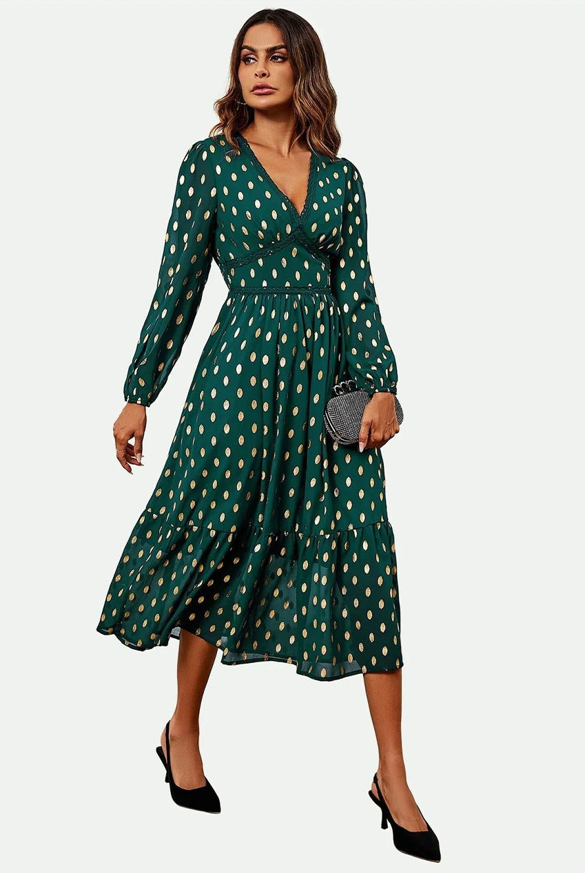 Lace Trim Foil Long Sleeve Maxi Dress In Green FS565-GG