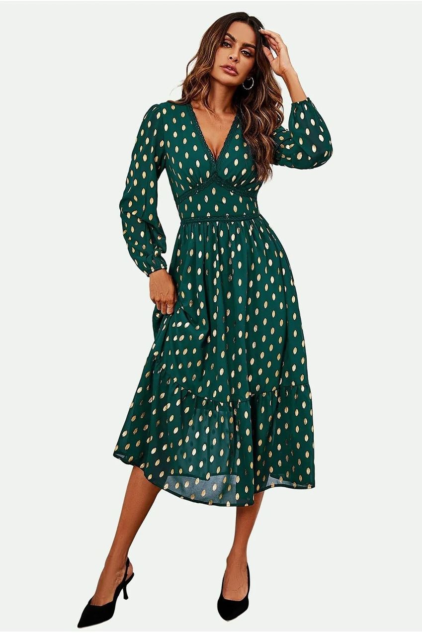 Lace Trim Foil Long Sleeve Maxi Dress In Green FS565-GG