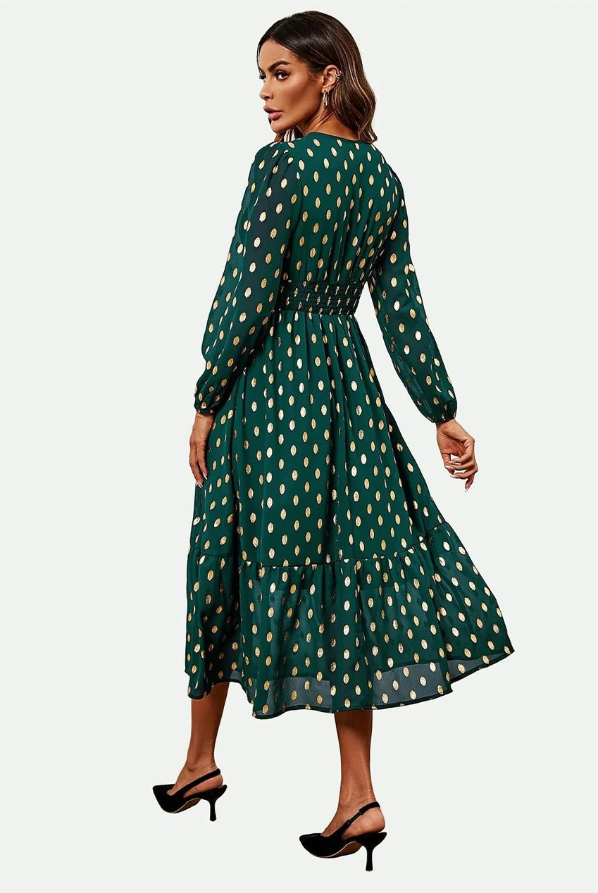 Lace Trim Foil Long Sleeve Maxi Dress In Green FS565-GG