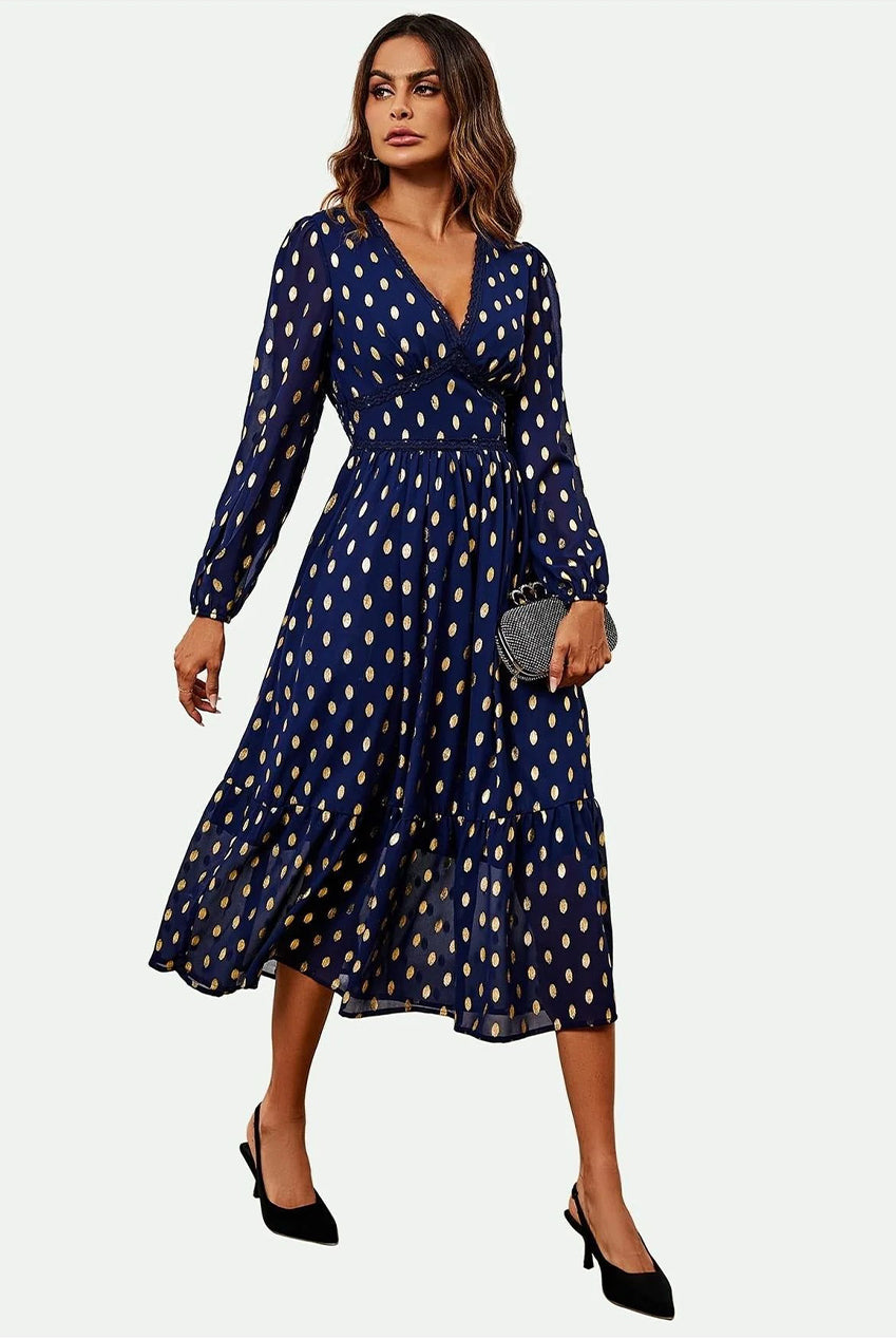Lace Trim Foil Long Sleeve Maxi Dress In Navy FS565-NG